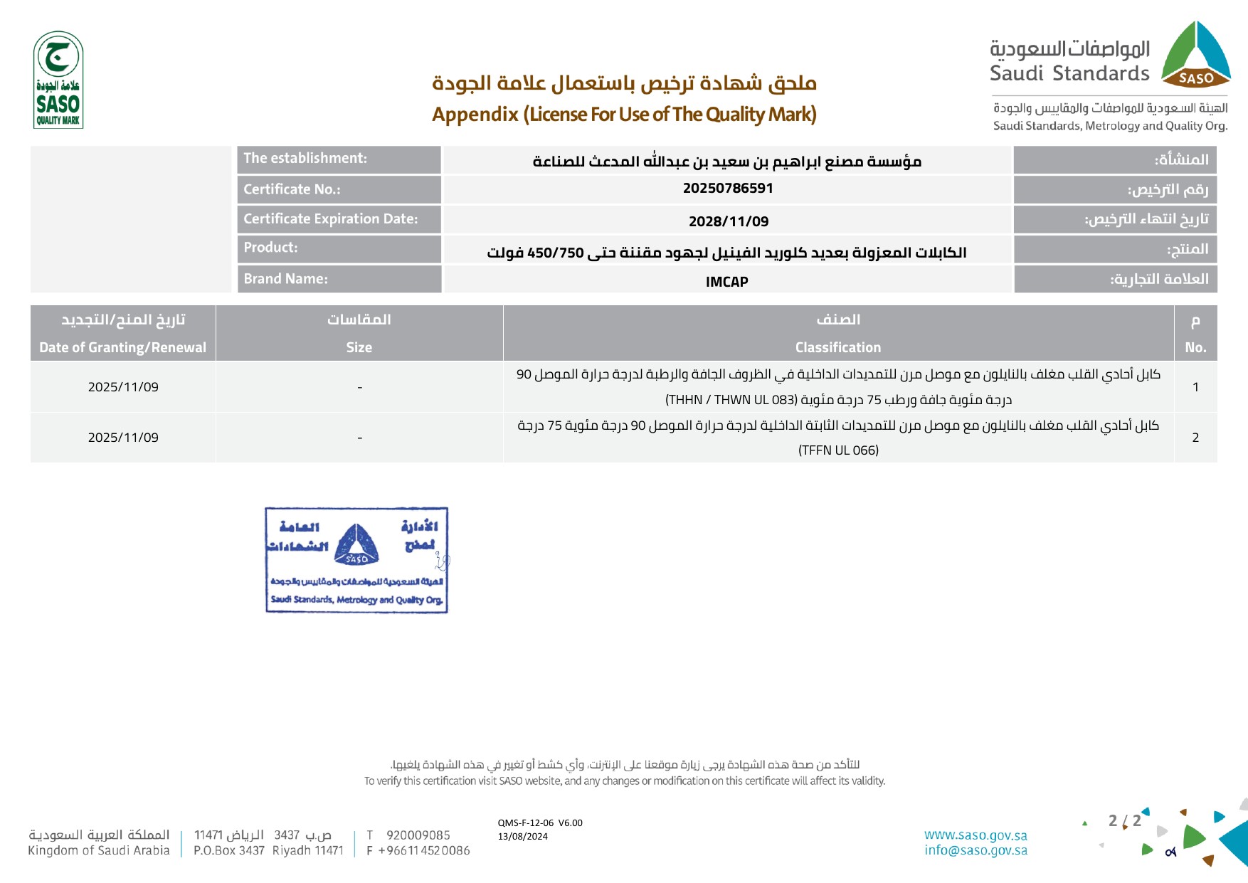 شهادة الكابلات المعزولة PVC - ملحق